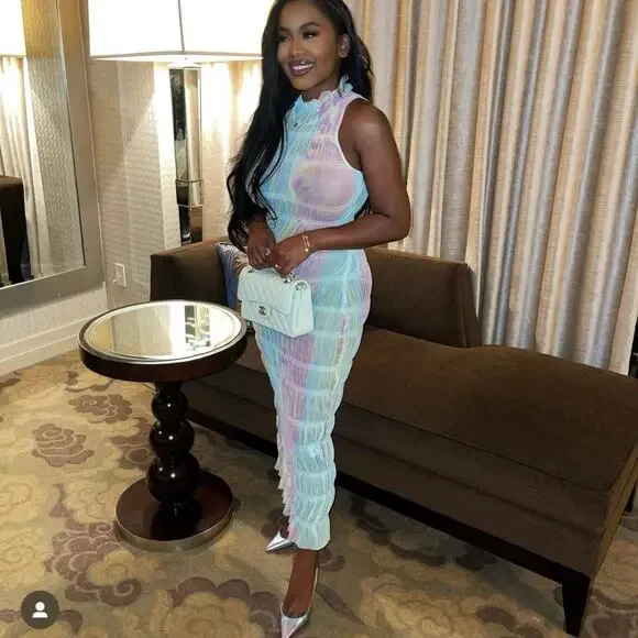 Roberta Einer Rainbow Bodycon Midi Dress Pastel Sheer Medium Large 10 - Picture 9 of 16